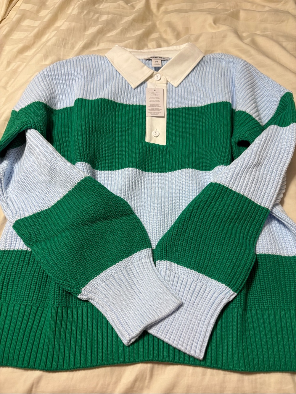 Lands' End Light Blue & Green Striped Rugby Polo Sweater